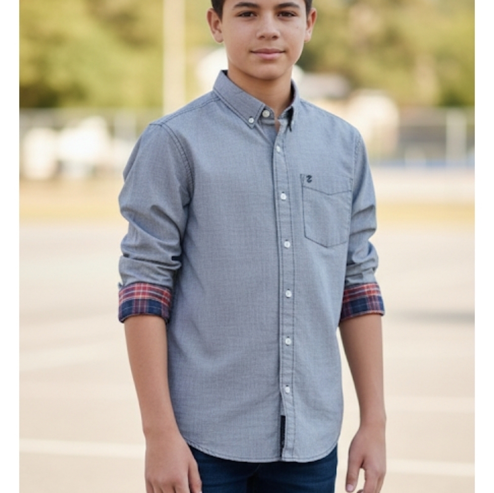 Boys Youth Button Down LS by IZOD Size 14-16 Blue Gingham with Red Plaid Detail